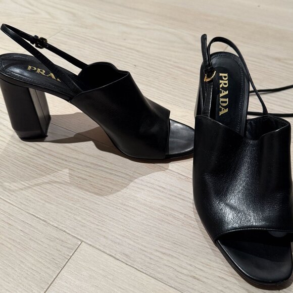 Prada Black Vitello High Vamp Slingback Block Heel Sandals Size EU 40.5